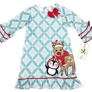 Girl's Christmas Holiday Sequin Reindeer Blue White Dress Size 6X